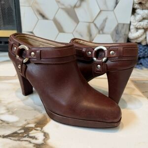 Frye Brown Leather Harness Mules Made in Italy Silver O-Ring Block Heel Size 8